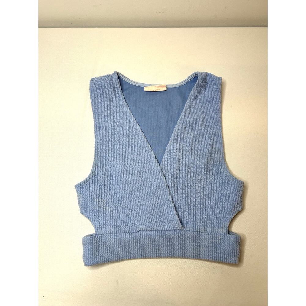 Showpo Womens US 4 AU 8 Blue Textured Wrap Front V Neck Sleeveless Crop Top